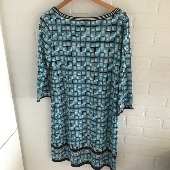 Max Studio Shift Dress Retro Geometric Vintage vibe Stretch Mini Blue L - Picture 7 of 8